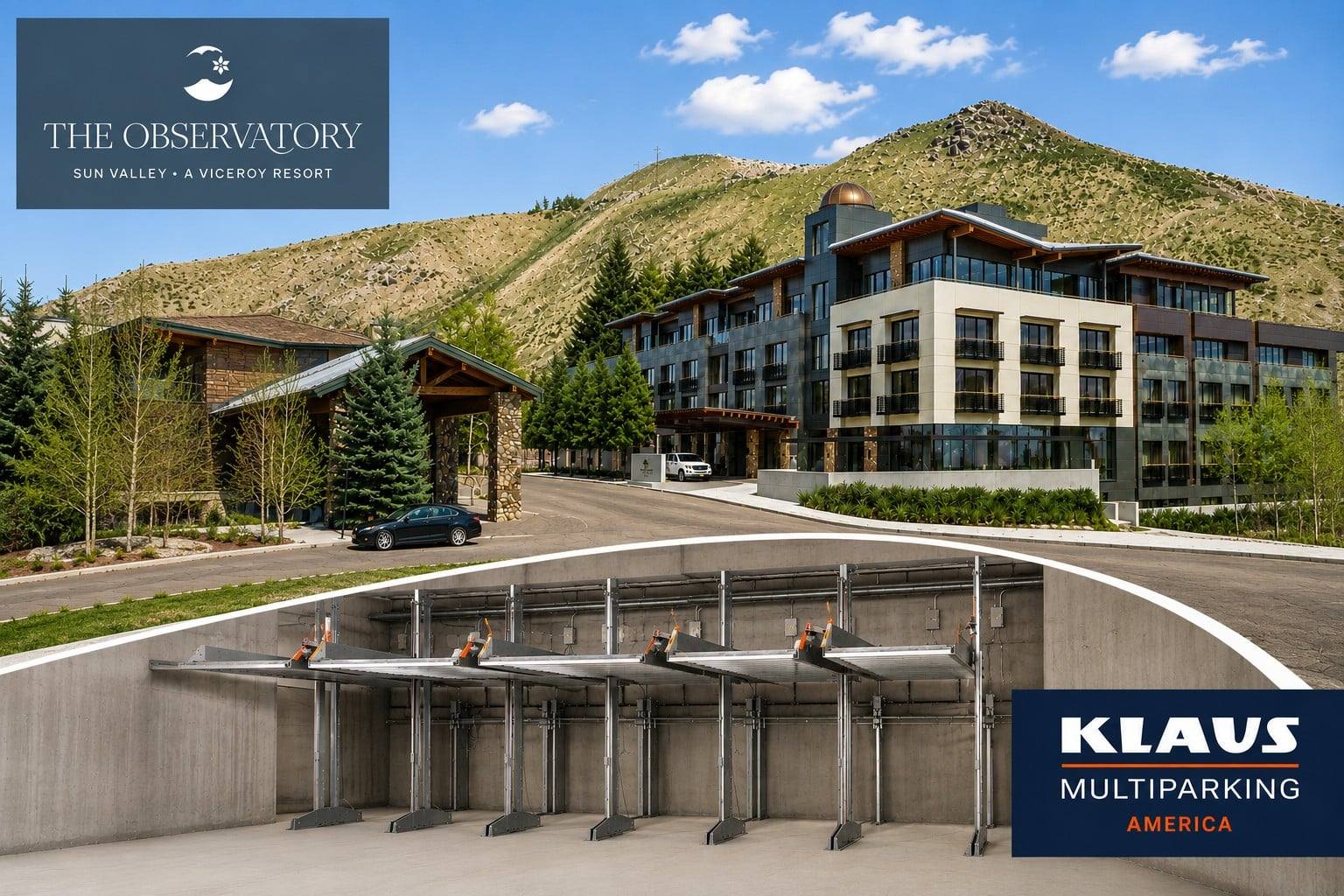 A composite image from KLAUS Multiparking America showing the two-level valet parking system installed at The Observatory, A Viceroy Resort, which the company says is the first mechanical parking system in Ketchum. (Image: KLAUS Multiparking America.)